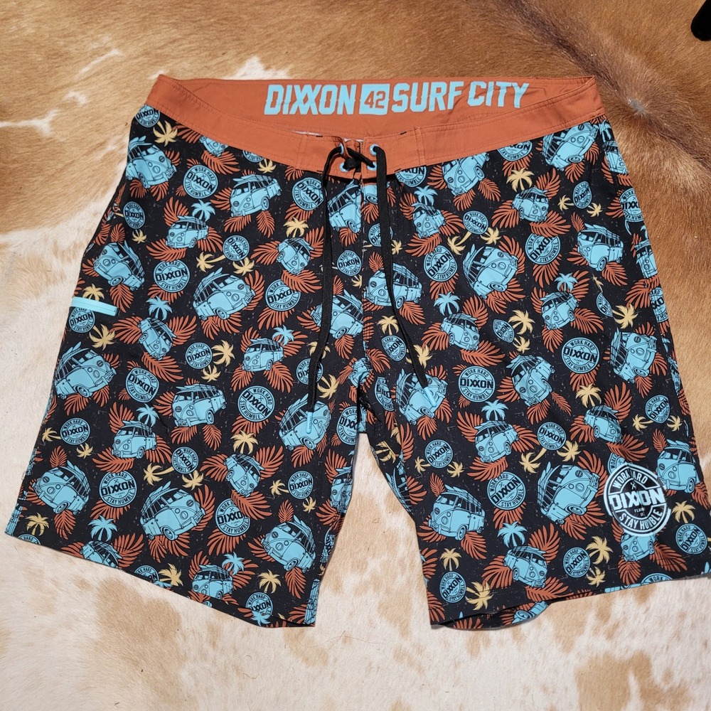 Dixxon Flannel Co Surf City Board Shorts Mens 42 Black Orange Van Palm Print